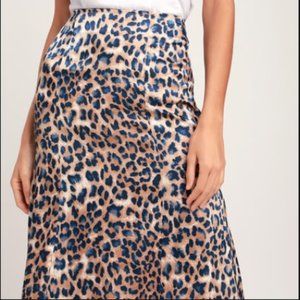 Global Icon Tan and Navy Blue Leopard Satin Skirt